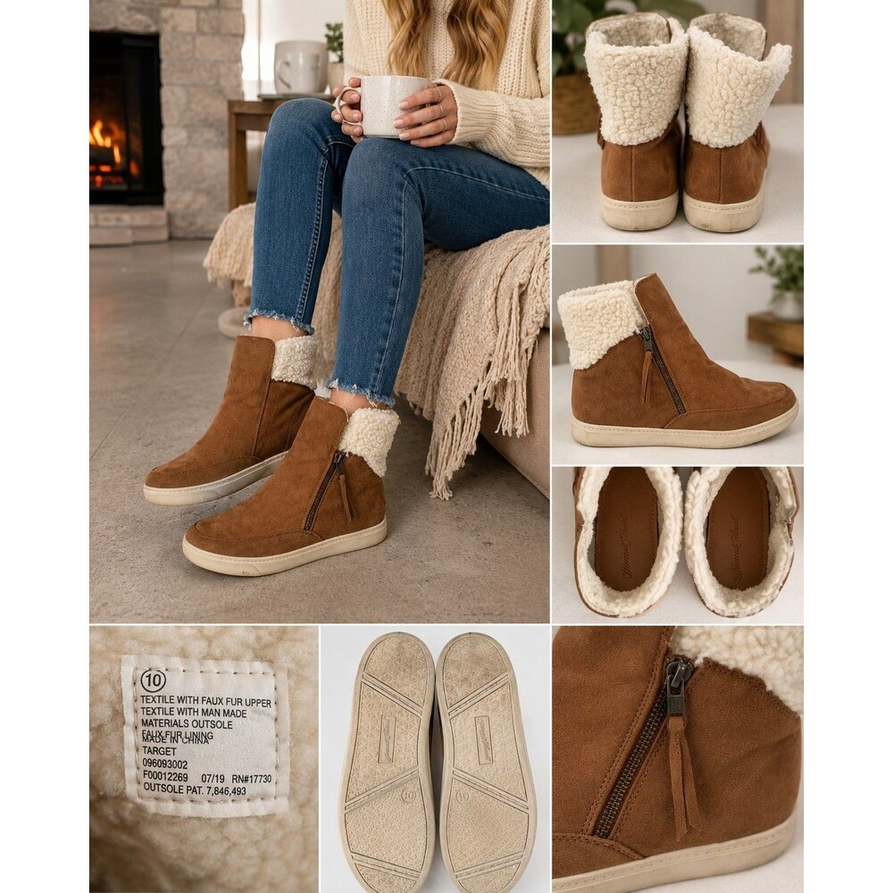 Universal Thread Faux Shearling Sneaker Boots Womens 10 Brown Cozy Winter Zip...